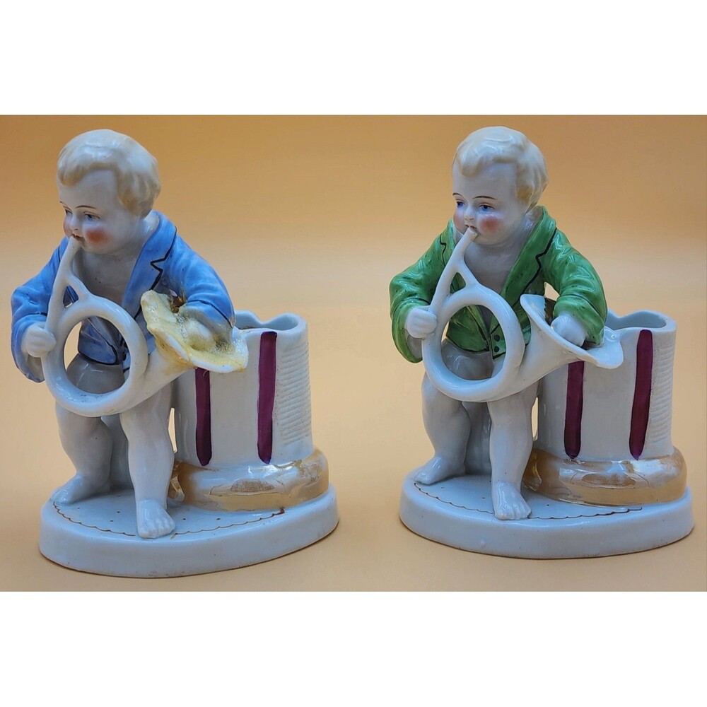 TWO Antique Porcelain Figurines ~ Wooden Match Holders ~ 1871 Written on bottom